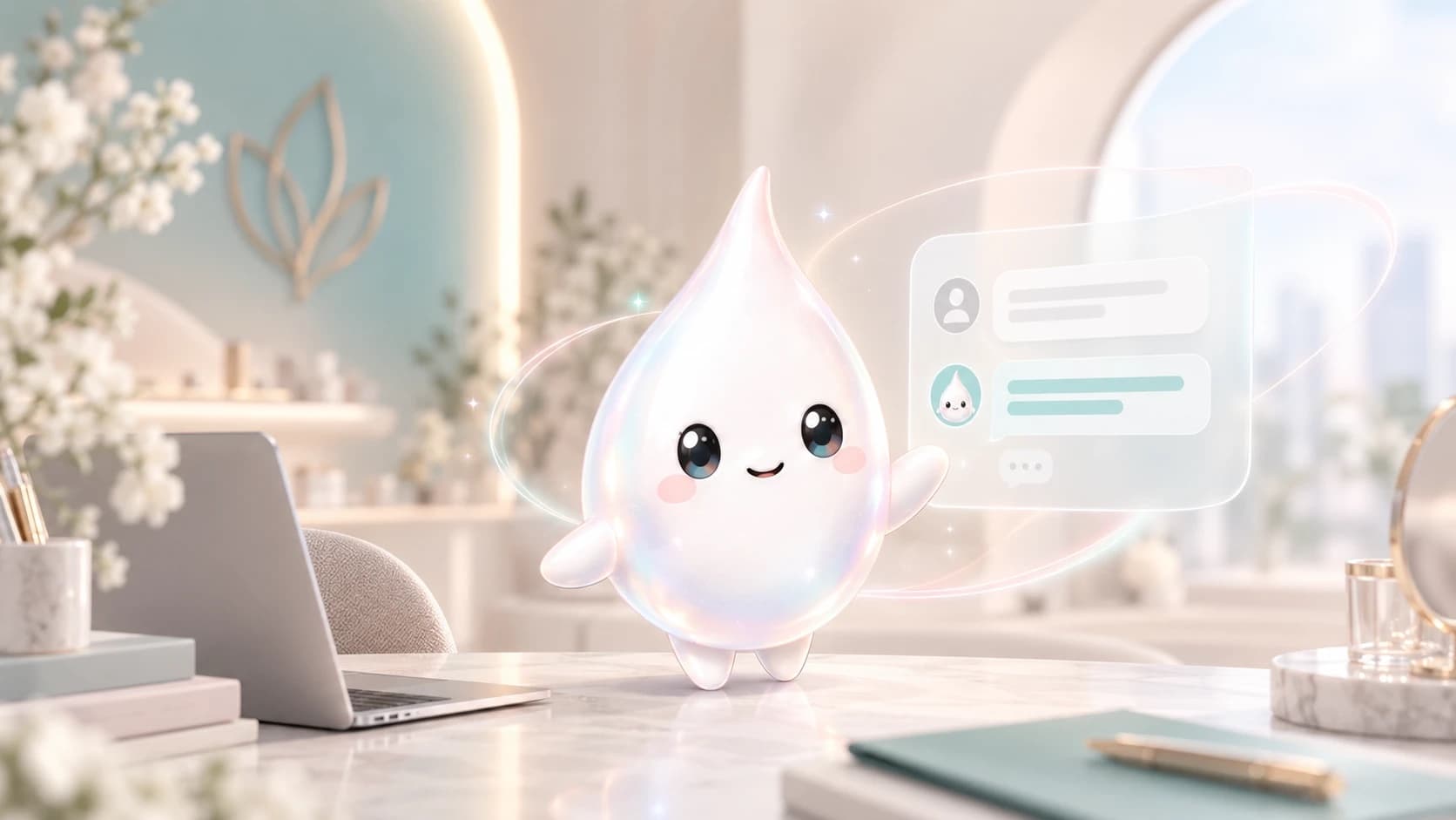 Aira, a smiling white water-droplet character, standing on a clinic desk beside a floating chat window