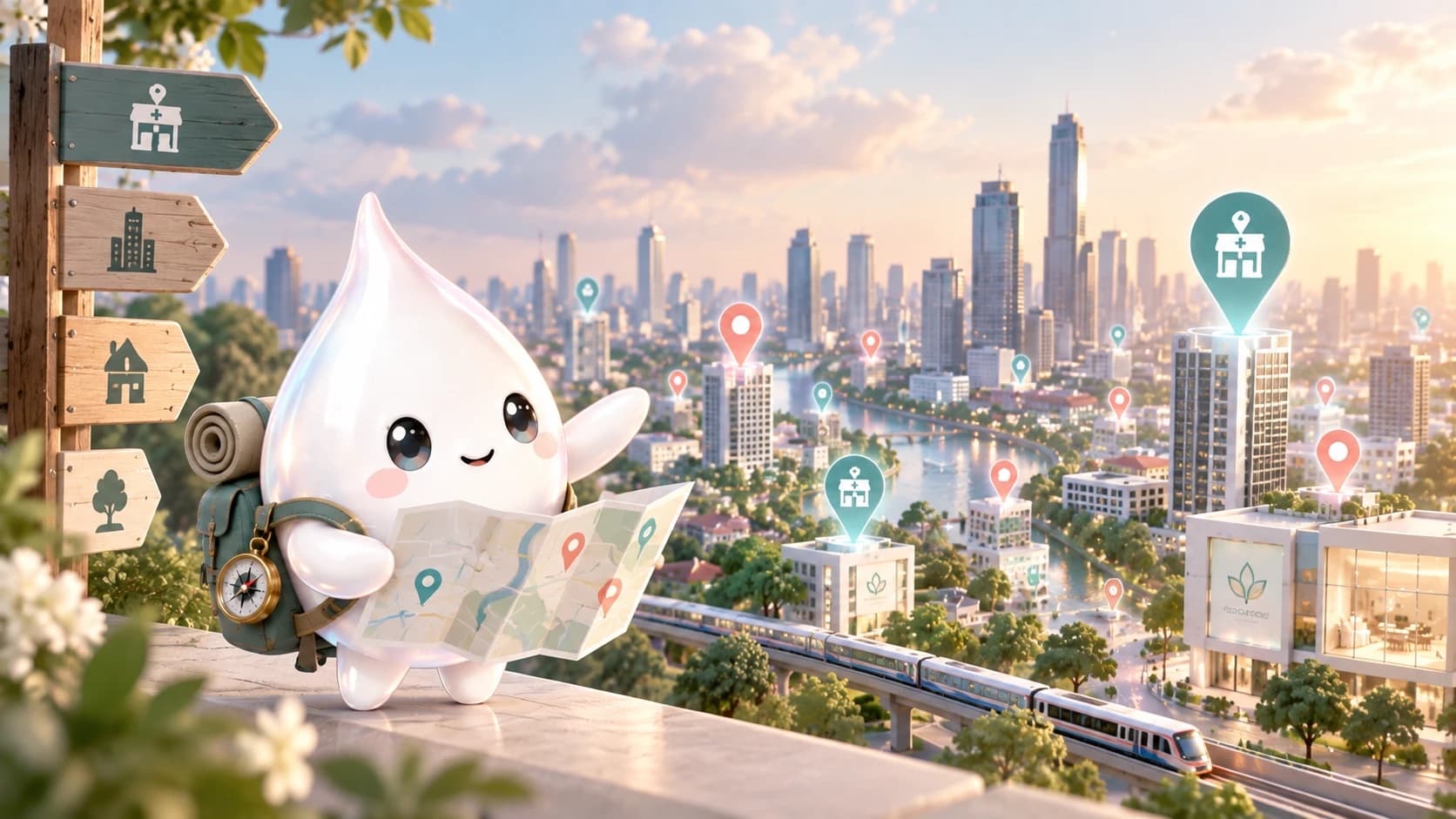 Aira, the water-droplet character, reading a map of Bangkok with clinic location pins across the skyline