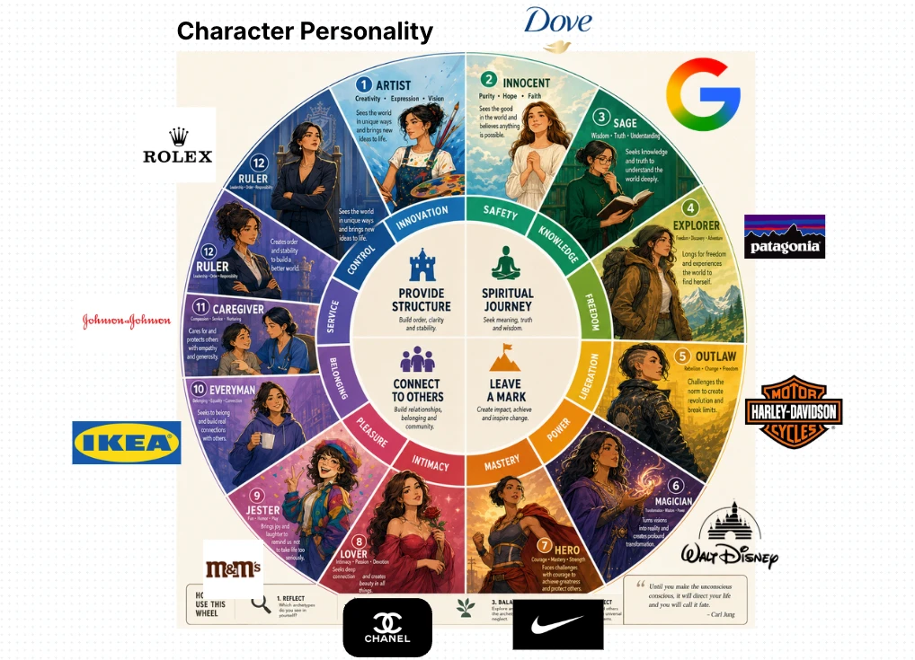 The twelve archetypes as a wheel, with the brand that owns each slice: Dove, Google, Patagonia, Harley-Davidson, Walt Disney, Nike, Chanel, M&M's, IKEA, Johnson & Johnson, Rolex