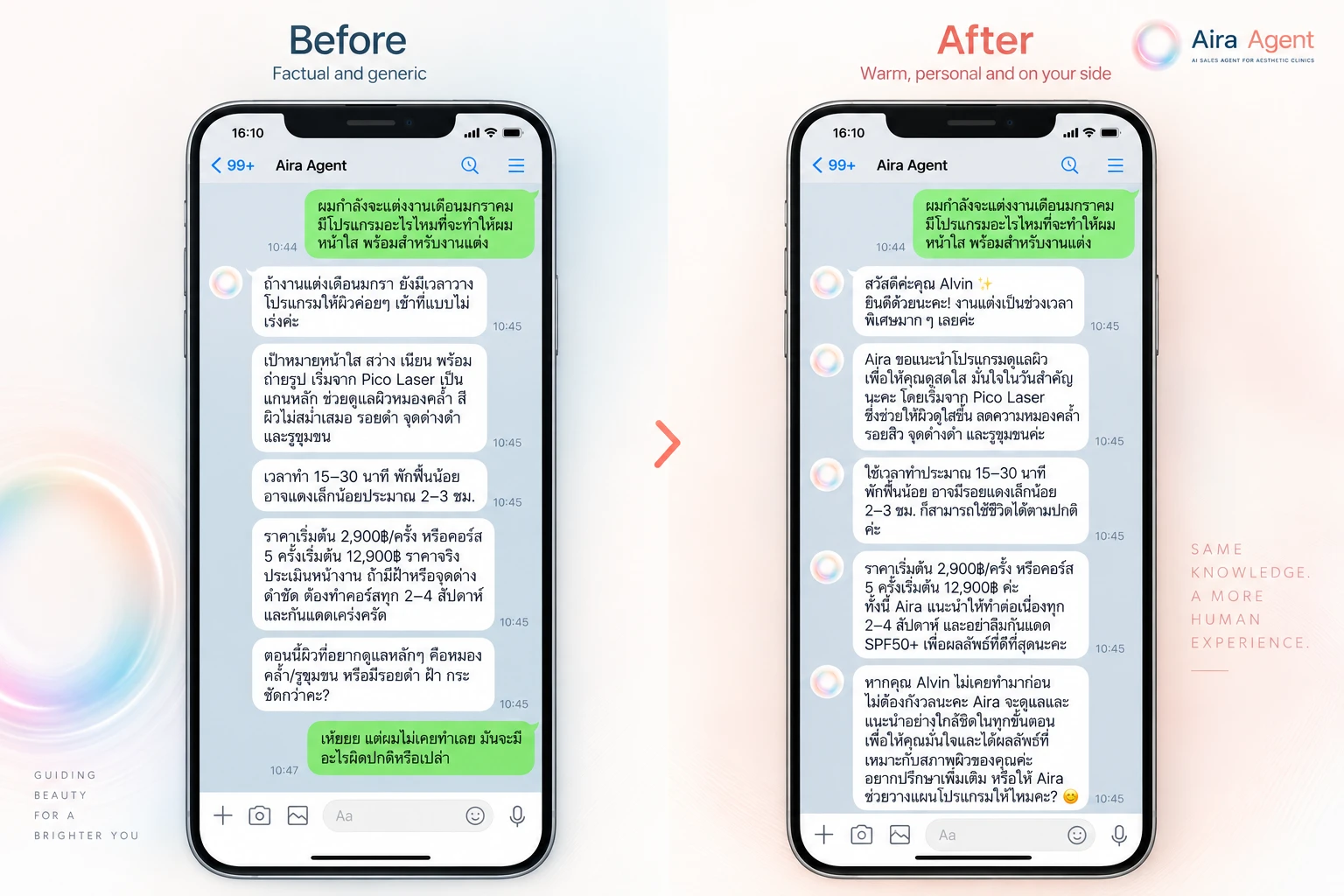 Before and after: the same wedding question to Aira on LINE. Before, a factual list of Pico Laser details and prices. After, the same facts delivered warmly, addressing the customer by name and offering to plan the programme together.